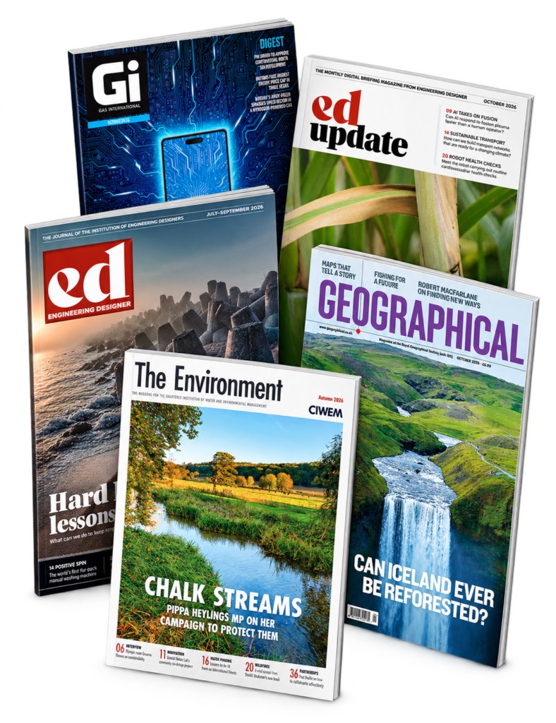 Magazine covers produced by Syon Media, including The Environment, Geographical, Gas International, Engineering Designer and ed update.